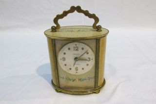 Vintage Semca Swiss 7 Jewel Carriage Alarm Clock Handle Roses Runs Wind Up 4.  75 "