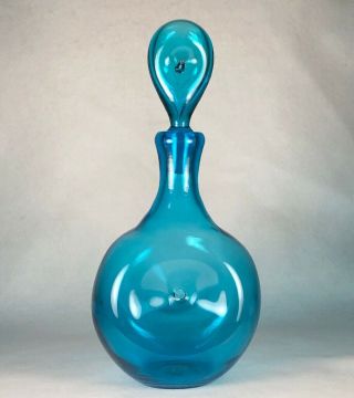 Vintage Mid Century Blenko Blue Glass Pinched Donut Decanter & Stopper 13”