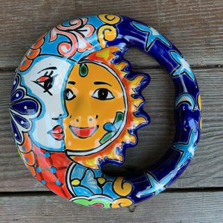 Sun & Moon Eclipse - Mexican Talavera Pottery Sun Moon Ceramic - Folk Art - 8”