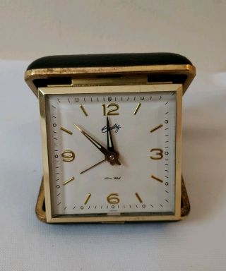Vintage Bradley Travel Alarm Clock Wind Up Black Leather Case