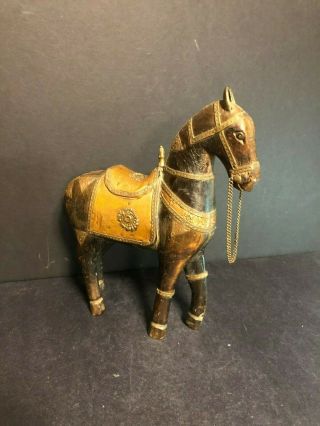 Old Hand Carved Wood Folk Art Horse Copper Brass Inlay Armour Statue Sculpture