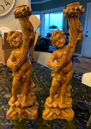 Antique 13 1/4”carved Wood Cherub Candle Sticks Pair Wonderful