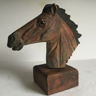Vintage Carved Wood Horse Head Sculpture Glass Eyes Square Wood Display Base