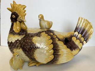 Vintage Ceramic Chicken Hen W/ Chick Lg Soup Tureen Thanksgiving Holiday Bowl 2