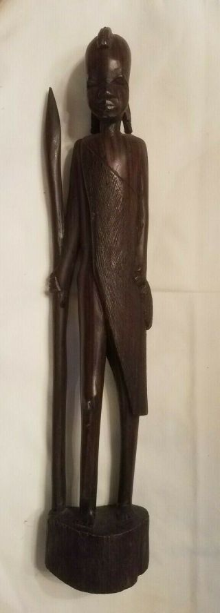 Tribal African Art Hand Carved Ebony Wood Sculpture - Warrior Statue 15 Inches
