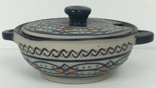 Mexican Pottery Folk Art Blue And Orange Hand Painted Glaze Sugar Bowl Vintage