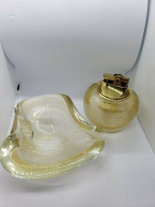 Vintage Murano Italian Art Glass Gold Fleck Form Ashtray Bowl And Lighter