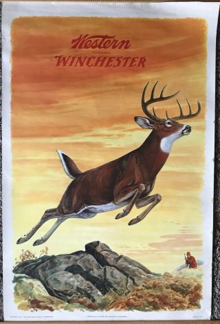 Vintage 1955 Western - Winchester Hunting Poster J G Woods Litho Buck Htf