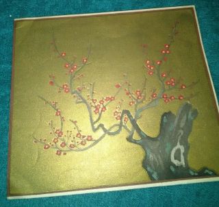 Vintage Japanese Woodblock Print Christmas Card Tree Cherry Blossums