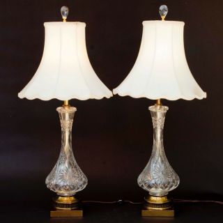 Vintage 2 Cut Floral Clear Crystal Glass Brass Electric Table Lamps