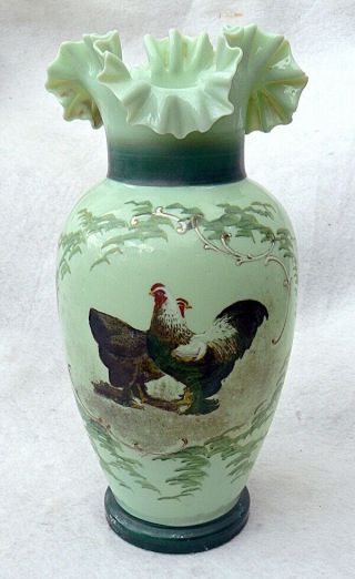 Victorian Era Bristol Glass Vase Hp Hens Chickens Jadeite Or Green 10¾ "