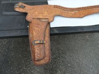 Vintage Leather Hand Tooled Pistol Gun Belt & Long Holster