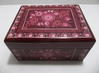 Vintage Mexican Folk Art Wood Jewelry Trinket Box Hand Painted Pink Flowers