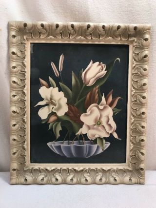 Vtg Picture Air Brush Chic Magnolia Tulip Daffodil Flowers Cottage Cream Frame
