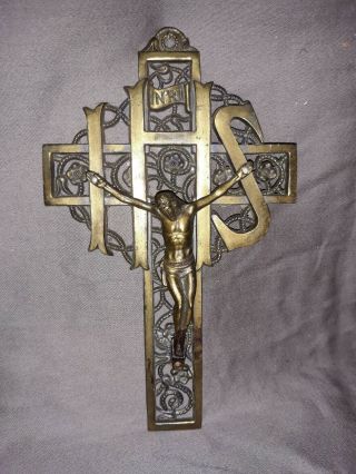 Antique Bronze Religious Icon Crucifix Christ On The Cross Inri