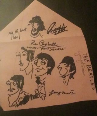 The Beatles Ron Campbell Sketch Signed By Ringo,  Paul,  George Harrison Etc.  L@@k