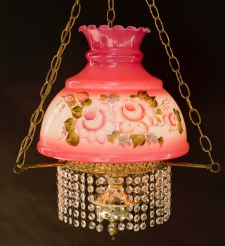 VINTAGE GWTW STYLE HANGING CHANDELIER ROSES PINK SHADE CEILING LIGHT FIXTURE 2