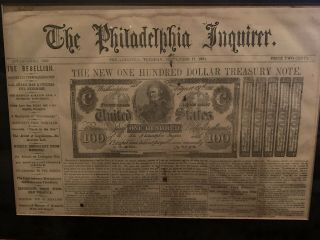 1861 Civil War Newspaper W Huge Union Treasury Note Engraving Money Numismatics