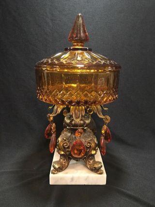 Vintage Amber Footed Candy Dish Compote With Lid Brass Marble Base Glass Prisms