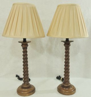 Pair Vintage Solid Oak Wood Barley Twist Table Lamps W/ Shades 5819