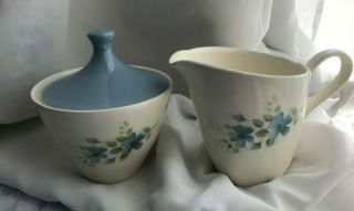 Vtg Set Of 2 Blue Green Flower Leaf Print Creamer Sugar Bowl And Lid Set Country