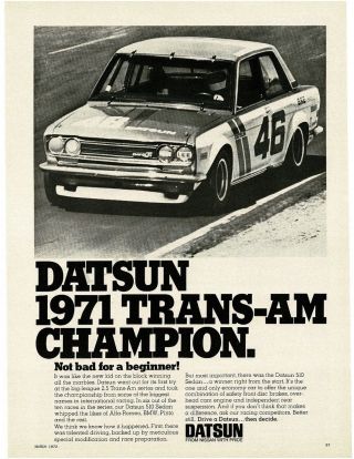 1971 Datsun 510 Sedan Wins Trans - Am Championship Vtg Print Ad