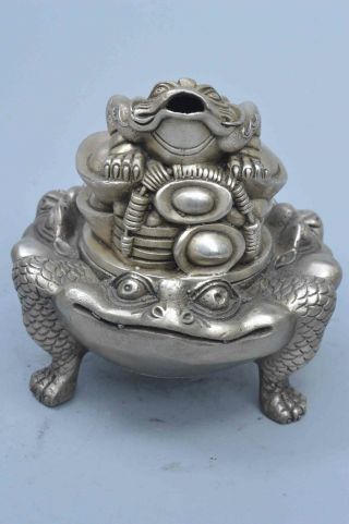 Collectable China Handwork Miao Silver Carve Wealthy Frog Lucky Incense Burner