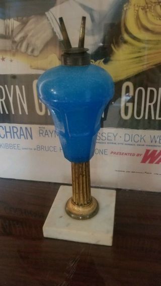 Antique Whale Oil Lamp Brass Stem - Marble Base - Blue Colored Glass