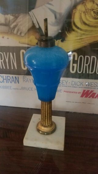 ANTIQUE WHALE OIL LAMP BRASS STEM - MARBLE BASE - BLUE COLORED GLASS 2