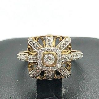 Antique Sterling Silver 925 Gold Tone Vermeil Round Cz Pave Floral Cocktail Ring