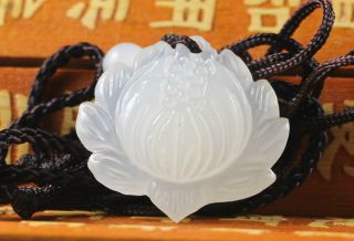 Chinese Natural White Jade Hand - Carved Lotus Flower Pendant