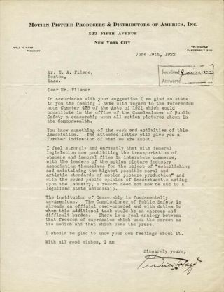 Will H.  Hays - Typed Letter Signed 06/19/1922