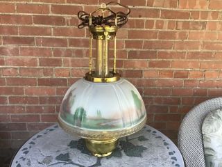 C Antique Aladdin 12 Hanging Kerosene Oil Lamp Painted Windmill Glass Shade