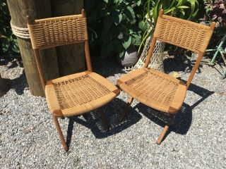 Hans Wegner Style Rope Folding Chair Pair Mid Modern Vintage Danish Modern 2