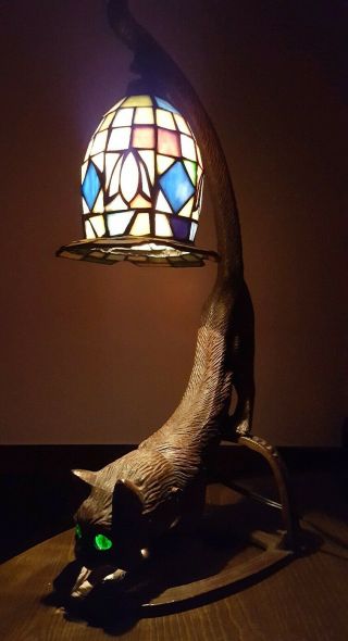 Tiffany Style Stained Glass Cast Iron Cat Table Lamp Light Halloween Decor Scary