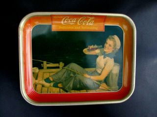 Vintage 1940 Coca Cola Coke Serving Tray Sailor Girl Fishing,  13 1/4 " X 10 1/2 "