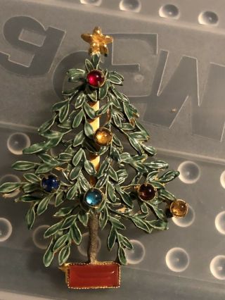Vintage Sandor Christmas Tree Pin Brooch With Multicolor Stones.