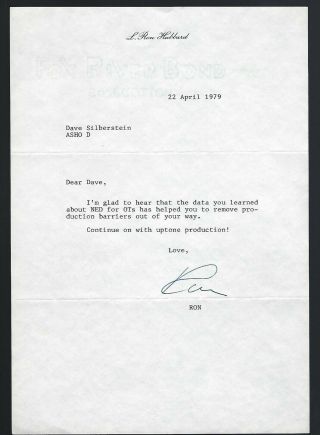 L.  Ron Hubbard Signed Letter Dated April 1979 Church Of Scientology
