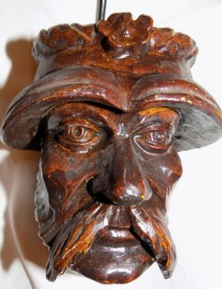 Vintage Folk Art Wood Carved Head W/ Beard Mustache Wall Hanging 5 3/4 "