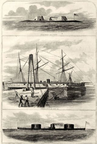 Civil War Union Navy Ironclads Whitney Battery Roanoke Ironsides Vintage Print