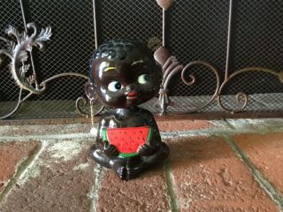 Vtg Ceramic Black Americana African Baby Bobble Head Bankwith Watermelon,  Unique