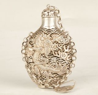 China Tibetan Silver Handmade Hollowed Carving Dragon Snuff Bottle Pendant