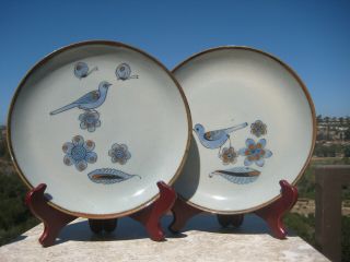 Vintage Ken Edwards Tonala El Palomar Pottery Dinner Plates Blue Birds Mexico 2