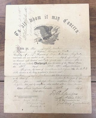 1865 Civil War Discharge Paper Sgt.  Joesph Martin K Co.  19th Reg.  Ohio Infantry