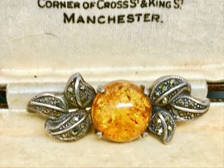 Lovely Vintage Amber Marcasite Sterling Silver Leaf Brooch