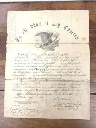 1863 Civil War Re - Inlist Paper Cpl.  Joesph Martin K Co.  19th Reg.  Ohio Infantry