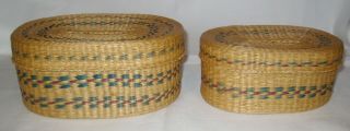 Set Of 2 Vintage Nesting Sweetgrass Woven Wicker Baskets W Lids Oval Green Color