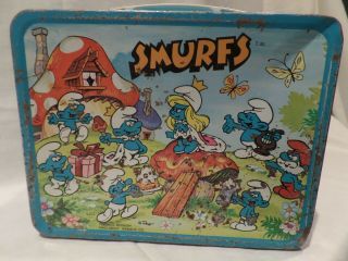 Very Rare " 1983 " Smurfs Metal Lunchbox With Matching Thermos By Thermos - King - See