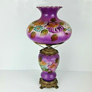 Majestic Purple Hurricane Lamp Gone With The Wind Hand Painted Gwtw Vtg 26 "