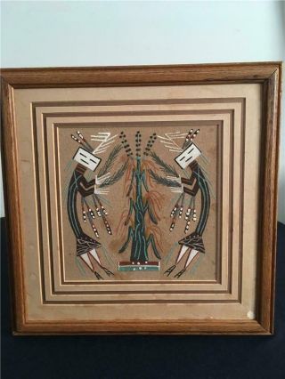 Vintage Native American Navajo Sand Art Painting Signed Framed Art